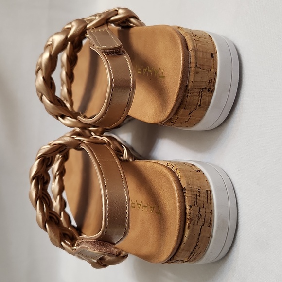 Tahari Gold Open Toe Rope Velcro Closure Cork Heel Summer sandals (girls size 3) - Picture 10 of 15
